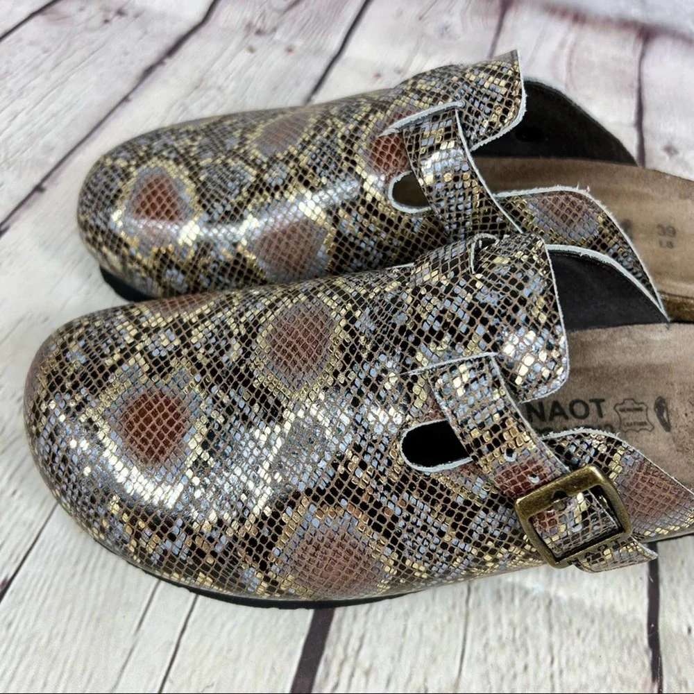 NAOT Elegant Autumn Golden Python Print Leather Slip On Clogs - Picture 2 of 15